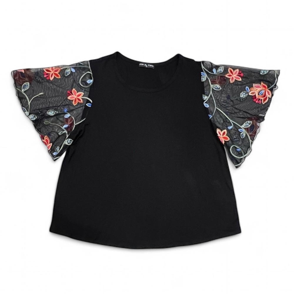 Kim & Cami Black Top with Embroidered Floral Mesh Sleeves 2X - Picture 3 of 13